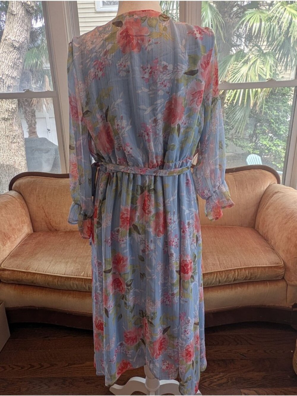 Whimsical Rose Print Maxi Wrap Dress Size L Flowing Light Blue Fairy Ethereal - Picture 5 of 7